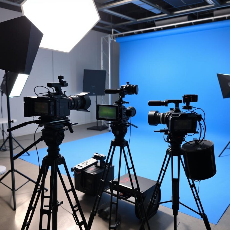 Mobilne studio filmowe z profesjonalnym oświetleniem i kamerami