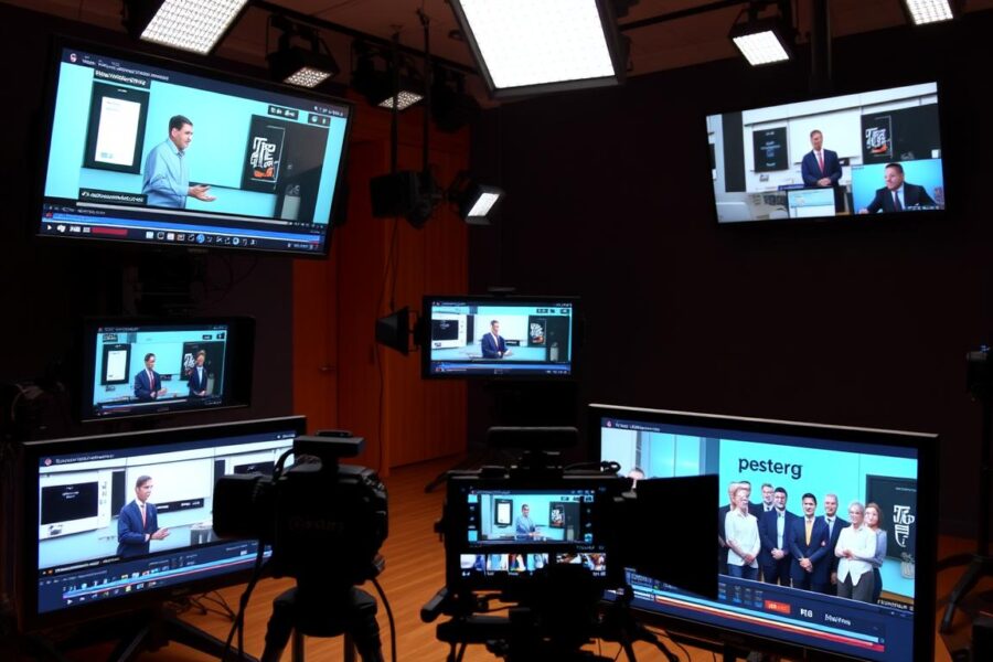 Różne rodzaje filmów korporacyjnych przedstawione na ekranach w studio produkcyjnym