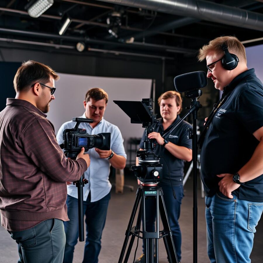 Zespół produkcyjny pracujący nad filmem korporacyjnym