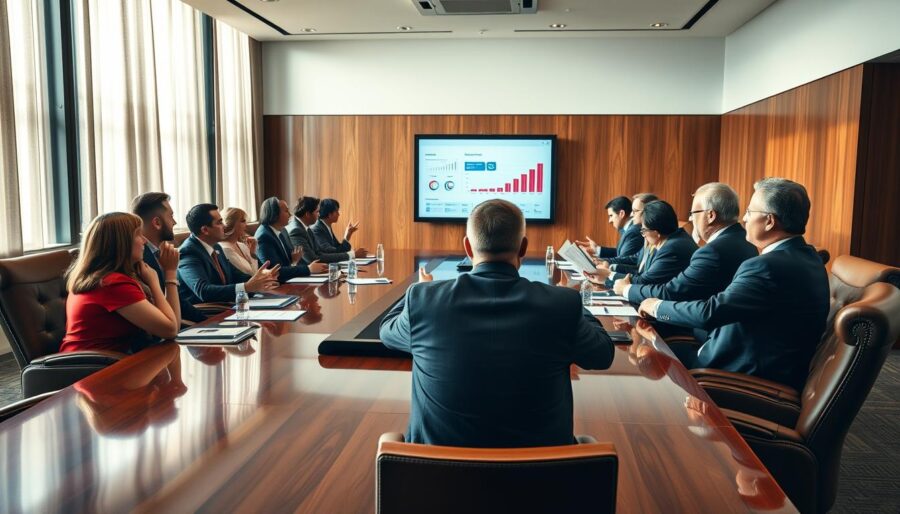 A boardroom filled with professionals engaged in a business meeting. The scene features a large polished wooden table surrounded by leather-upholstered chairs, bathed in warm, diffused lighting from floor-to-ceiling windows. Executives in tailored suits and dresses lean in, gesturing animatedly as they discuss detailed reports and charts projected on a large screen at the head of the table. The atmosphere is one of focused collaboration, with subtle hints of tension and urgency underlying the professional demeanor of the participants. A sense of gravity and importance pervades the room, captured through a medium-wide angle lens that emphasizes the scale and formality of the corporate setting.