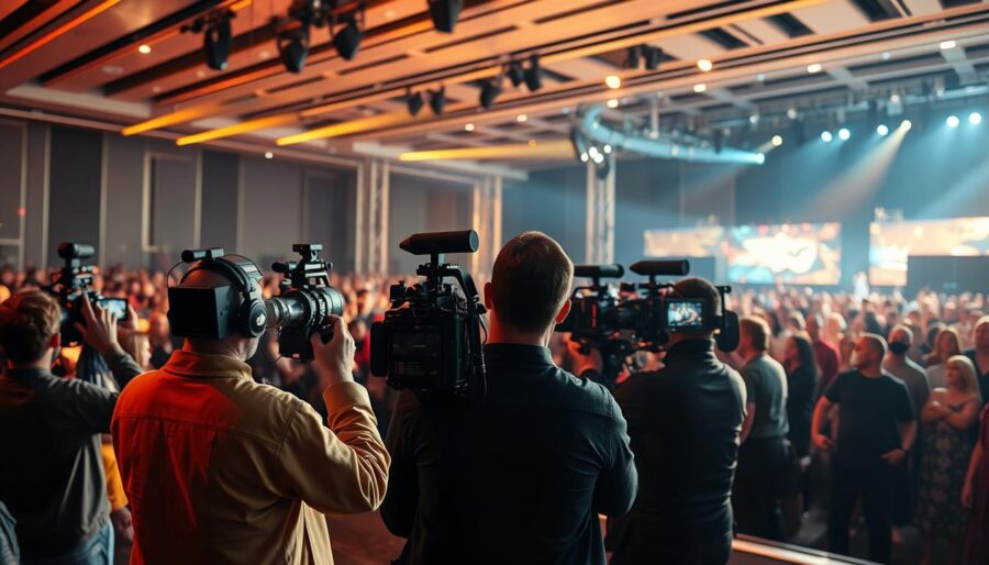 A cinematic event scene unfolding on a grand stage, bathed in warm, atmospheric lighting. In the foreground, a team of videographers capturing the action with professional-grade cameras, their lenses trained on the dynamic performance unfolding before them. The middle ground features a diverse audience, enraptured by the spectacle, their expressions a tapestry of engagement and excitement. In the background, a sleek, modern event venue with clean lines and striking architectural elements, creating a visually striking backdrop for the memorable occasion. The overall atmosphere conveys the energy, production value, and immersive experience of a professional, high-quality corporate or entertainment event.