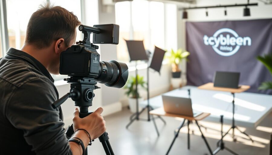 A cinematic video marketing scene with a professional videographer filming a modern office setup. In the foreground, an experienced cinematographer captures footage with a high-end DSLR camera on a sturdy tripod, framing the action with an artistic eye. The middle ground features a well-equipped workstation with a laptop, lighting equipment, and a backdrop displaying the logo of a dynamic, tech-savvy brand. In the background, the office environment is filled with natural light streaming through large windows, creating a bright and productive atmosphere. The overall mood is one of creative energy, innovative spirit, and a commitment to effective brand storytelling through the power of video.
