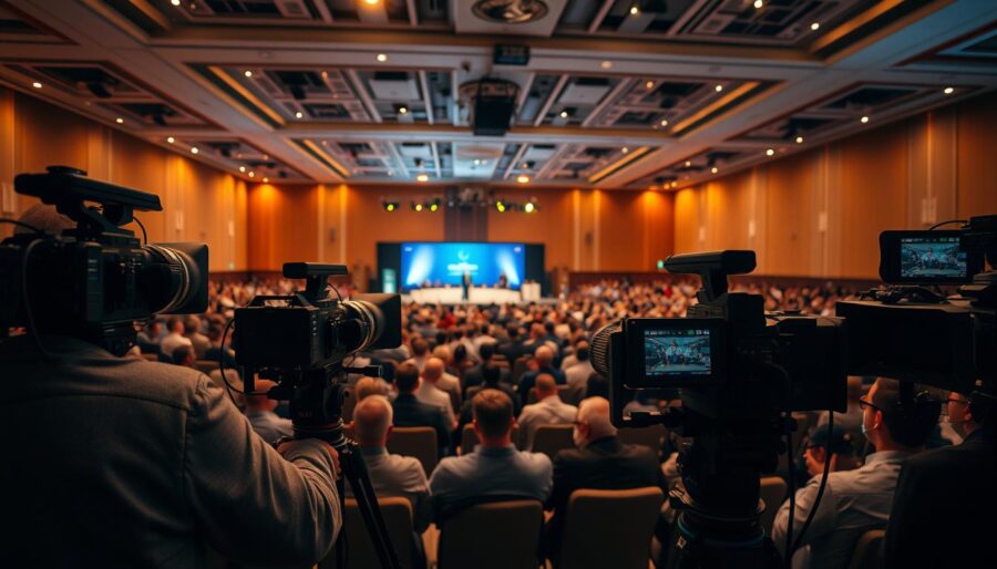 A conference hall filled with attendees, cameras and lighting equipment capturing the event with a professional, documentary-style approach. A wide shot showcases the stage, speakers, and engaged audience members, all bathed in warm, focused lighting that highlights the energy and importance of the gathering. The frame is composed to emphasize the production value, drawing the viewer's attention to the technical aspects that make the event feel polished and well-executed. An atmosphere of productivity, collaboration, and shared purpose permeates the scene, inviting the viewer to imagine the insights and discussions unfolding. A conference hall filled with attendees, cameras and lighting equipment capturing the event with a professional, documentary-style approach. A wide shot showcases the stage, speakers, and engaged audience members, all bathed in warm, focused lighting that highlights the energy and importance of the gathering. The frame is composed to emphasize the production value, drawing the viewer's attention to the technical aspects that make the event feel polished and well-executed. An atmosphere of productivity, collaboration, and shared purpose permeates the scene, inviting the viewer to imagine the insights and discussions unfolding.