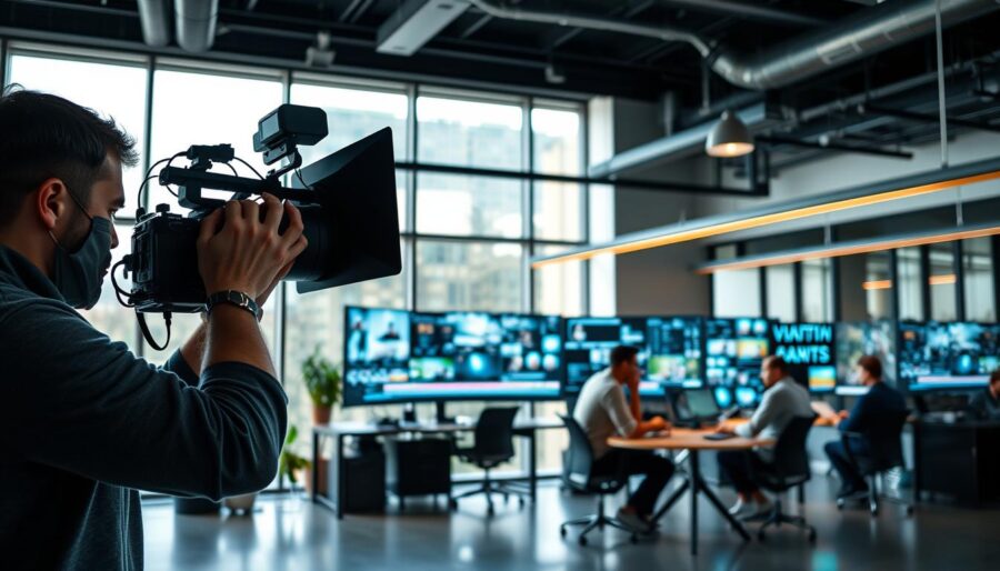 A dynamic and visually engaging corporate film production process. In the foreground, a filmmaker meticulously frames a shot, adjusting the camera and lighting to capture the perfect angle. In the middle ground, a team of video editors and motion graphics artists collaborate, their screens displaying intricate timelines and visual effects. The background reveals a modern, open-concept office space with sleek, minimalist design elements and large windows that flood the room with natural light. The overall atmosphere conveys a sense of professionalism, creativity, and technological prowess, reflecting the high-quality corporate films being produced.