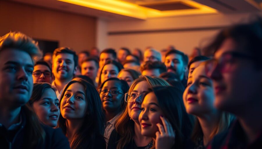 A dynamic crowd of engaged individuals, each with a captivated expression, their eyes fixed on a central focal point. The scene is bathed in warm, inviting lighting, accentuating the diverse emotions and reactions displayed across their faces. The middle ground features a sleek, modern video screen, its content commanding the audience's rapt attention. In the background, a minimalist, sophisticated setting creates a sense of professionalism and high-quality production. Subtle camera angles and depth of field emphasize the audience's immersion, drawing the viewer into the engaging, immersive experience.