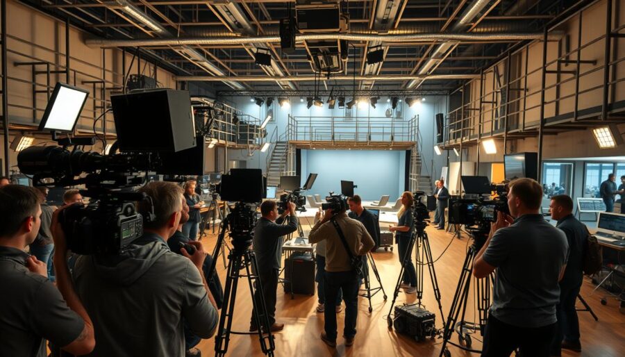 A large, well-equipped film production studio. In the foreground, a group of professional crew members operate sophisticated video cameras, lighting rigs, and audio equipment. The middle ground features a set with realistic props and backdrops, simulating a modern commercial or corporate environment. In the background, a maze of scaffolding, sound stages, and control rooms hints at the scale and complexity of the operation. The scene is bathed in a warm, cinematic lighting that casts dramatic shadows and highlights the technical details. An atmosphere of focused energy and creative collaboration pervades the space, capturing the essence of a thriving, high-quality video production company.