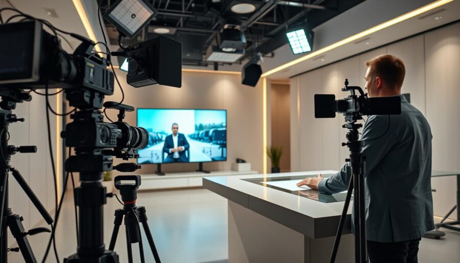 A live streaming studio setup with professional camera, microphone, and lighting equipment. The foreground features a presenter standing at a sleek, modern desk, addressing the camera with an engaged, enthusiastic expression. The middle ground showcases a large, high-definition display screen displaying live video feed. The background contains a minimalist, clean-lined interior with neutral tones and a sense of technological sophistication. Soft, diffused lighting illuminates the scene, creating a polished, cinematic atmosphere. The overall composition conveys a sense of dynamic, real-time broadcasting in a visually striking, visually compelling manner.
