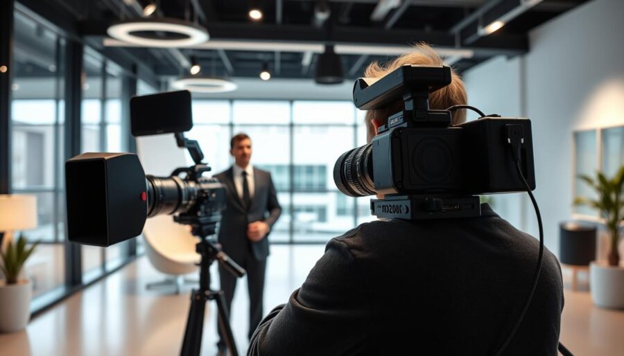 A modern, well-lit business interview being filmed. A professional videographer in the foreground operating a high-end DSLR camera with a medium telephoto lens, capturing the interviewee, a businessman in a tailored suit, in the middle ground. The background features a sleek, contemporary office setting with large windows, minimalist decor, and strategic lighting to create a polished, commercial atmosphere. The interview has a dynamic, cinematic feel with a slight low-angle perspective to convey authority and importance. The overall mood is one of professionalism, sophistication, and the benefits of high-quality business video production. A modern, well-lit business interview being filmed. A professional videographer in the foreground operating a high-end DSLR camera with a medium telephoto lens, capturing the interviewee, a businessman in a tailored suit, in the middle ground. The background features a sleek, contemporary office setting with large windows, minimalist decor, and strategic lighting to create a polished, commercial atmosphere. The interview has a dynamic, cinematic feel with a slight low-angle perspective to convey authority and importance. The overall mood is one of professionalism, sophistication, and the benefits of high-quality business video production.