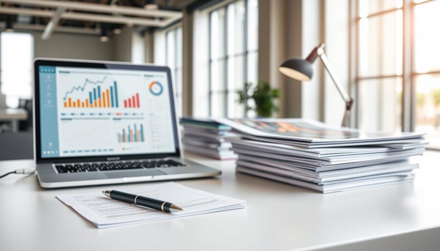 A professional and visually striking corporate document, neatly organized on a modern desk. In the foreground, a sleek, minimalist laptop displays detailed charts and graphs. Beside it, a high-quality pen, a stylish notebook, and a modern desk lamp provide a sense of efficient productivity. In the middle ground, a stack of carefully curated reports and files, their covers showcasing elegant typography and impactful imagery. The background features a clean, neutral office setting with tall windows allowing natural light to flood the space, creating a sense of openness and professionalism. The overall mood is one of sophistication, attention to detail, and a commitment to visual excellence in the world of business.