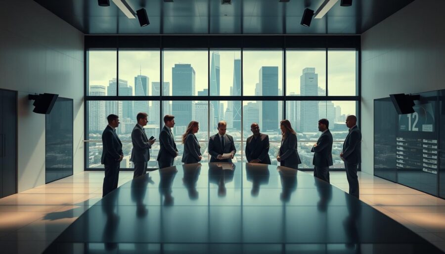 A professional corporate film set, with a modern and sleek design. In the foreground, a group of business executives in formal attire, engaged in a lively discussion around a polished conference table. The middle ground features a backdrop of minimalist architecture, with clean lines and large windows allowing natural light to flood the space. The background showcases a cityscape, with towering skyscrapers and a vibrant urban landscape. The overall atmosphere is one of professionalism, efficiency, and innovation, capturing the essence of corporate filmmaking. Lighting is soft and balanced, with a slight cinematic quality, accentuating the subject matter. The camera angle is slightly elevated, giving a sense of authority and prestige to the scene.