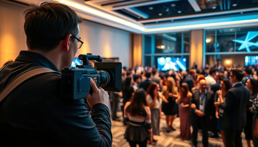 A professional event being filmed, with a videographer in the foreground focused on their camera, capturing the energy and excitement of the occasion. In the middle ground, a crowd of people interacting and engaging with the event, their faces filled with enthusiasm. The background showcases the venue, a modern conference center with sleek architecture and dramatic lighting, creating an atmosphere of sophistication and professionalism. The overall scene conveys the value of investing in a high-quality, cinematic film to immortalize the memorable moments of the event.