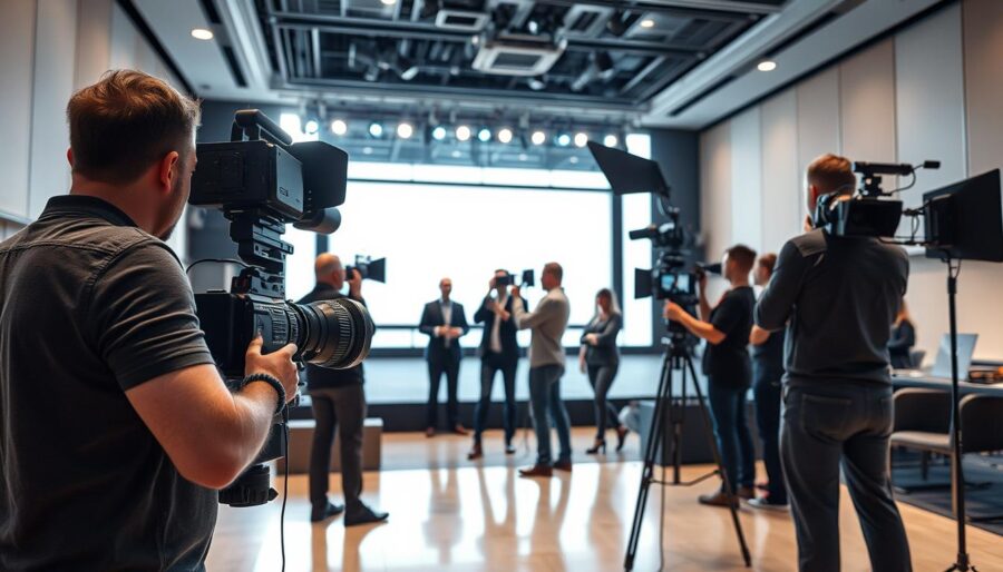 A professional film crew capturing the production of a corporate video presentation. In the foreground, a cameraman operating a high-end video camera, framing the speaker on a stage. In the middle ground, a sound technician adjusts audio equipment, while a lighting designer fine-tunes the spotlights. In the background, a team of production assistants coordinate logistics and ensure a smooth workflow. The setting is a modern conference hall, with clean lines, polished floors, and abundant natural light filtering through large windows. The atmosphere is focused, efficient, and anticipatory, as the crew works in tandem to deliver a high-quality, professional video presentation.