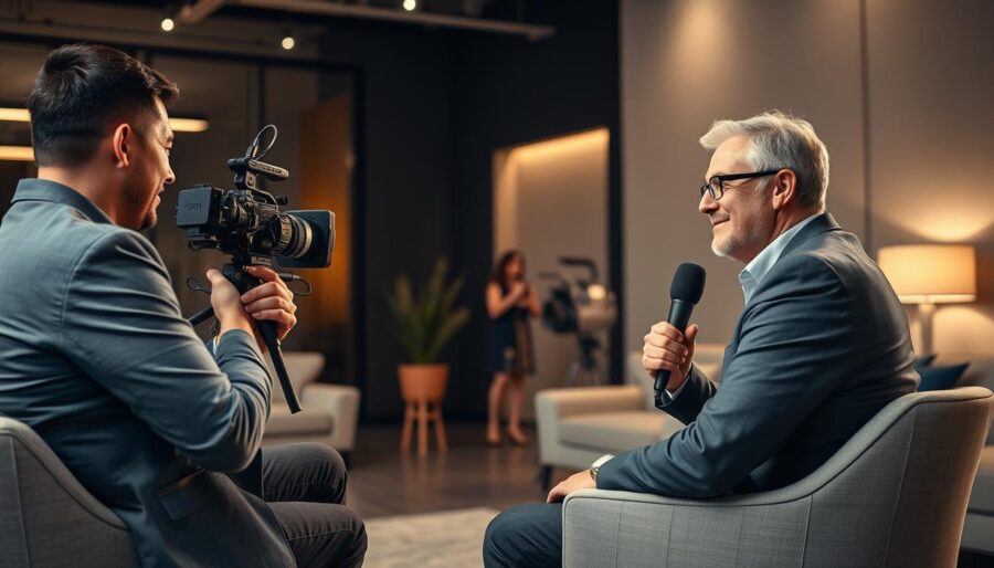 A professional film crew conducting an interview in a stylish, modern setting. In the foreground, the interviewer sits with a microphone, engaging the subject - a confident, well-dressed business leader - with a warm, conversational demeanor. The background features sleek, minimalist decor, with soft, diffused lighting casting a sophisticated ambiance. Elegant camera equipment and production gear are visible, hinting at the high-quality, cinematic nature of the proceedings. The overall scene conveys a sense of authority, professionalism and the power of visual storytelling to elevate a company's brand and image.