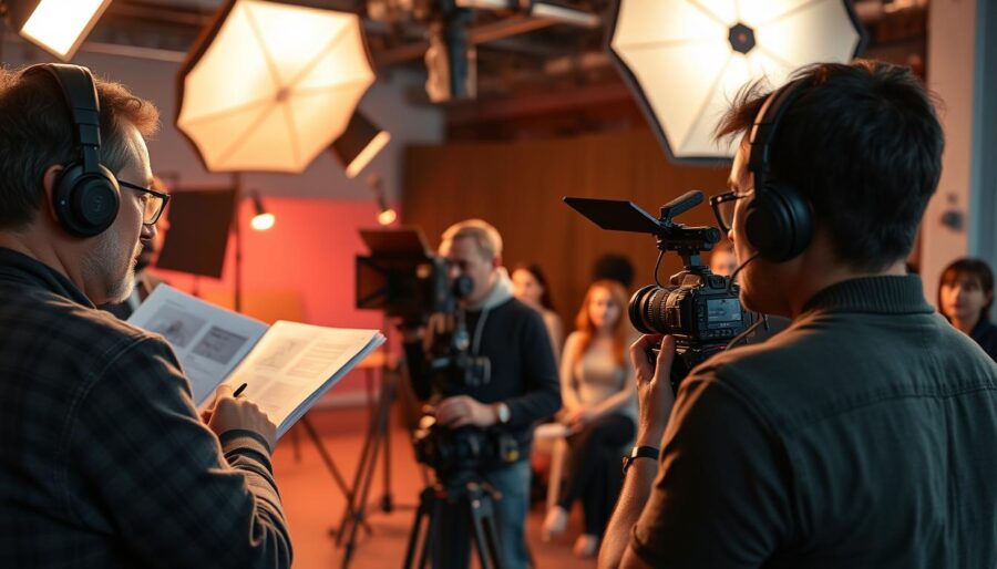 A professional film crew is hard at work on the set of a video advertisement production. In the foreground, the director reviews storyboards and gives instructions to the camera operator, who adjusts the lens and settings on a high-end DSLR camera. In the middle ground, the lighting technician fine-tunes the placement and intensity of the softbox and overhead studio lights, casting a warm, cinematic glow over the scene. In the background, the production assistant organizes props and equipment, while the talent waits patiently for their cue. The atmosphere is one of focused intensity, as the team collaborates to bring the creative vision to life through the medium of video.