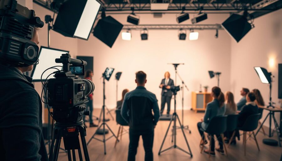A professional film production studio with an array of high-end equipment. In the foreground, a director stands behind a camera, framing a shot of a presenter delivering a lecture to a group of attentive trainees. The middle ground features a lighting rig with softboxes and reflectors, casting a warm, natural glow. In the background, a seamless backdrop and subtle props create a polished, educational setting. The overall atmosphere conveys a sense of expertise, focus, and a commitment to producing high-quality training videos.