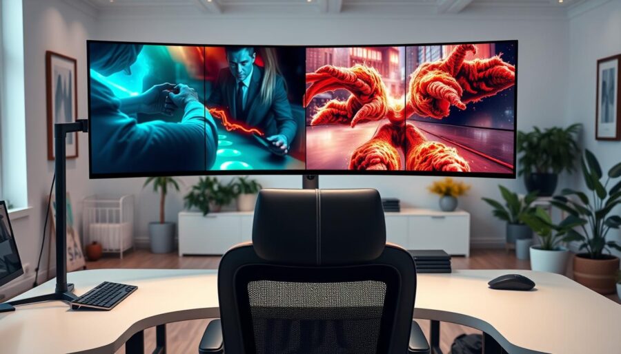 A professional, high-quality video presentation setup featuring a large, ultra-wide display in a bright, modern office space. The display is mounted on a sleek, adjustable stand, casting a soft, even glow across the room. The foreground showcases a minimalist, ergonomic desk with a keyboard, mouse, and other essential peripherals. The middle ground features a comfortable, high-back office chair, inviting the viewer to envision themselves delivering an engaging, visually captivating presentation. The background is filled with tasteful decor, including potted plants and framed artwork, creating a warm, productive atmosphere. Subtle, directional lighting accentuates the scene, highlighting the crisp, vivid display and the overall professionalism of the setup.