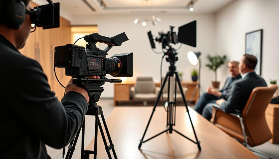 A professional video crew films a formal business interview in a modern office setting. The foreground features a corporate executive seated at a desk, engaged in a thoughtful discussion with the interviewer, who sits opposite. Soft, warm lighting illuminates the scene, creating a sense of professionalism and authority. The middle ground showcases an array of high-quality video and audio equipment, including a sleek camera on a sturdy tripod, microphones, and lighting fixtures, all carefully positioned to capture the interaction. In the background, a minimalist, yet elegant office decor sets the tone, with clean lines, neutral colors, and subtle accents that exude a sense of sophistication and attention to detail. A professional video crew films a formal business interview in a modern office setting. The foreground features a corporate executive seated at a desk, engaged in a thoughtful discussion with the interviewer, who sits opposite. Soft, warm lighting illuminates the scene, creating a sense of professionalism and authority. The middle ground showcases an array of high-quality video and audio equipment, including a sleek camera on a sturdy tripod, microphones, and lighting fixtures, all carefully positioned to capture the interaction. In the background, a minimalist, yet elegant office decor sets the tone, with clean lines, neutral colors, and subtle accents that exude a sense of sophistication and attention to detail.