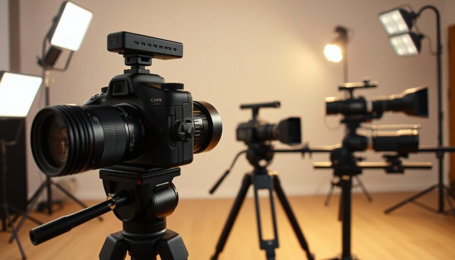 A professional video production setup with high-quality cameras, lenses, and lighting equipment. In the foreground, a DSLR camera on a sturdy tripod, its lens focused on the scene. Behind it, a mid-range camcorder mounted on a fluid head tripod, ready to capture dynamic footage. In the background, a professional-grade video camera on a slider, enabling smooth, cinematic camera movements. The lighting is a combination of soft, diffused key lights and accent lights, creating a warm, evenly lit atmosphere. The overall mood is one of professionalism, attention to detail, and a commitment to capturing high-quality video content.
