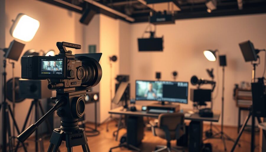 A professional video production studio, bathed in soft, warm lighting. The foreground features a state-of-the-art camera mounted on a sturdy tripod, its lens focused intently on the subject. In the middle ground, a sleek, modern editing workstation with multiple high-resolution displays showcases the latest video editing software. The background is filled with a array of professional-grade lighting equipment, audio gear, and other production tools, all meticulously organized and maintained. The atmosphere exudes a sense of precision, creativity, and technical mastery - the hallmarks of a truly professional video production environment.