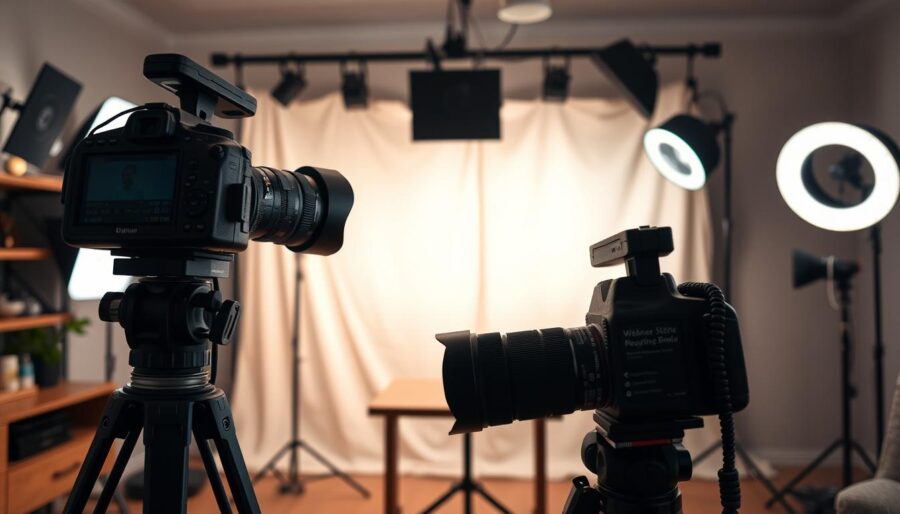 A professional videographer setting up a home studio for webinar recording. In the foreground, a high-quality DSLR camera on a sturdy tripod, pointed at a well-lit subject area. In the middle ground, a softly illuminated backdrop with subtle textures, creating an elegant and professional ambiance. In the background, various lighting equipment, such as soft boxes and ring lights, strategically placed to provide even, flattering illumination. The scene conveys a sense of thoughtful preparation, technical expertise, and a commitment to producing high-quality webinar content.