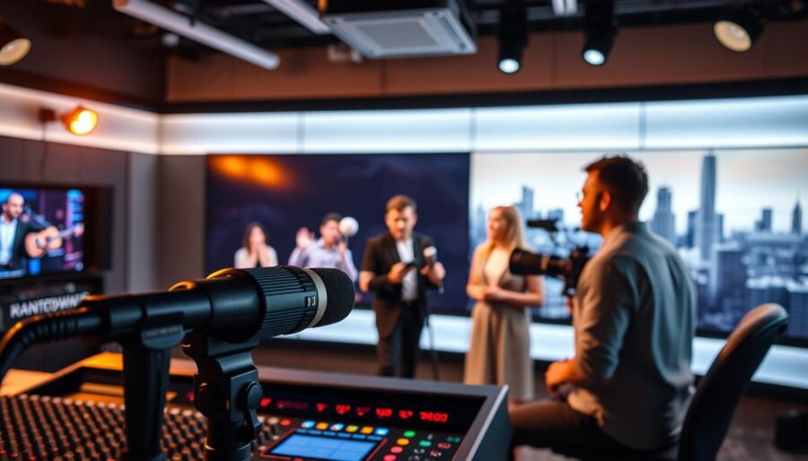 A sleek, modern studio with a large LED screen displaying a live stream event, bathed in warm, focused lighting. In the foreground, a microphone and audio mixing equipment, hinting at the high-quality production. The middle ground features a camera operator and a presenter, engaged in the broadcast, their expressions conveying the energy and importance of the occasion. In the background, a subtle city skyline or artistic backdrop, establishing the context of a professional, online event. The overall atmosphere is one of polished, immersive digital engagement, inviting the viewer to experience the thrill of a live, online transmission.