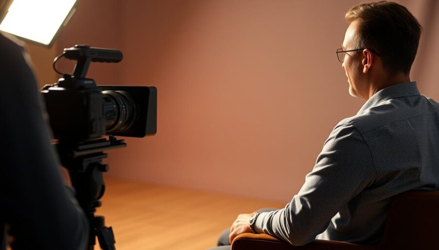 A sleek, professional interview setup with a softly lit subject sitting across from a camera operator. The background features a simple, muted backdrop, allowing the focus to remain on the interviewee. Subtle ambient lighting casts a warm glow, creating a comfortable, inviting atmosphere. The camera is positioned at a slight angle, capturing the subject's face in a flattering, three-quarter view. The overall composition and technical details convey a sense of polished, high-quality video production, showcasing how interviews can be an effective marketing tool for businesses.