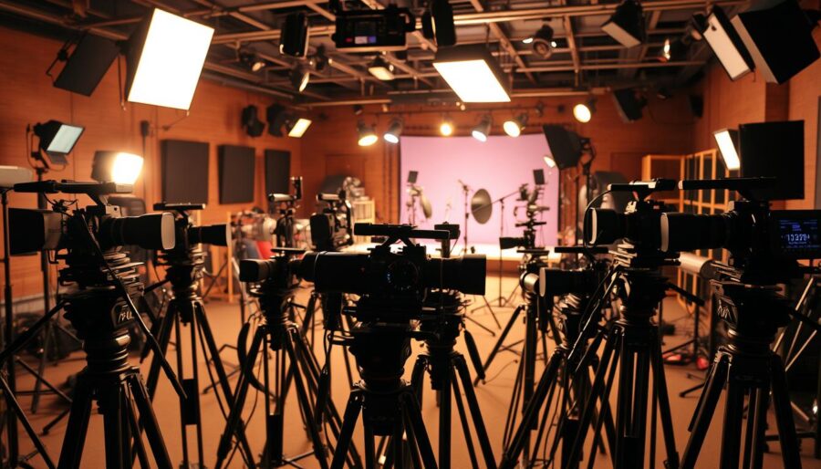 A well-equipped film production studio, bathed in warm, soft lighting. In the foreground, an assortment of professional video cameras with interchangeable lenses, mounted on sturdy tripods. In the middle ground, a mix of audio equipment, including microphones, booms, and sound mixers, arranged neatly. In the background, a backdrop of various lighting fixtures, reflectors, and other cinematic gear, hinting at the technical complexity of the setup. The atmosphere conveys a sense of focused, purposeful activity, with each element carefully considered to capture the perfect shot for a high-quality event video.