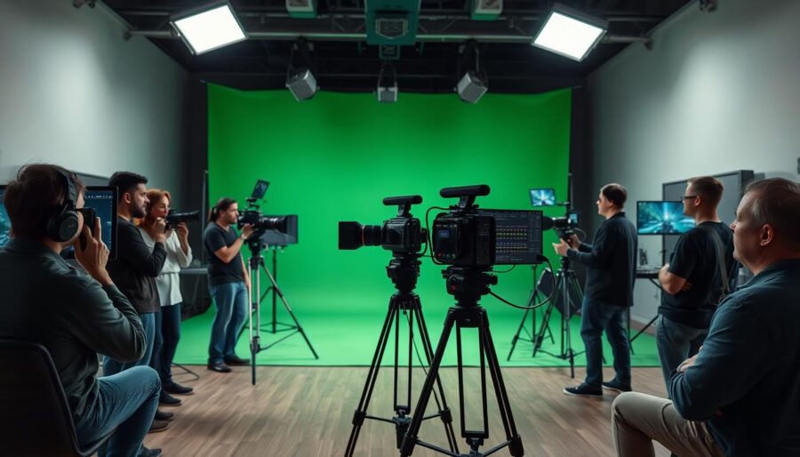 A well-lit, modern video production studio. In the foreground, a team of videographers and directors review footage on high-resolution monitors, collaborating intently. The middle ground features a professional-grade camera on a sleek tripod, surrounded by specialized lighting and sound equipment. In the background, a large green screen backdrop dominates, ready to be used for virtual set extensions and compositing. The atmosphere is one of focused, meticulous effort - a methodical, step-by-step process of bringing a video project to life.