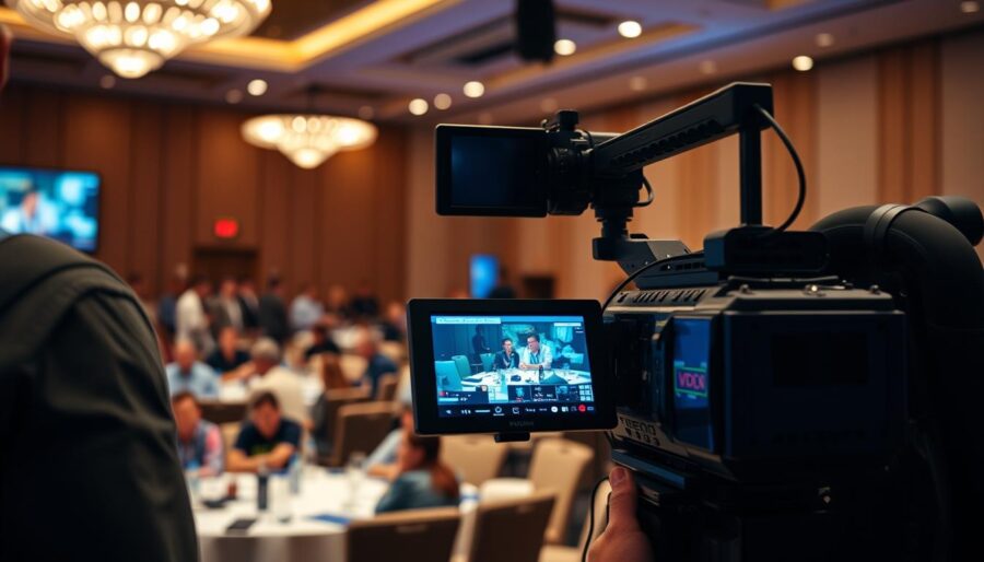 Generuj obraz: Profesjonalna ekipa filmowa realizująca wideorelację z konferencji