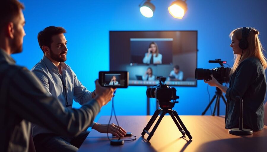 Generuj obraz przedstawiający profesjonalną ekipę realizującą wideoprezentację